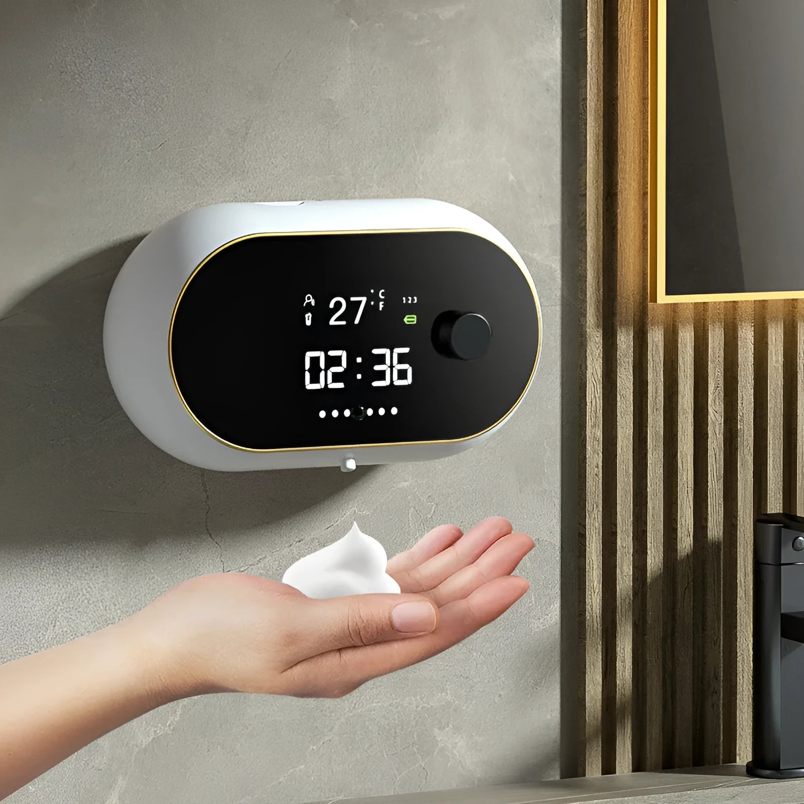 Automatic hand soap dispenser wall mounted unit in white finish with USB cable