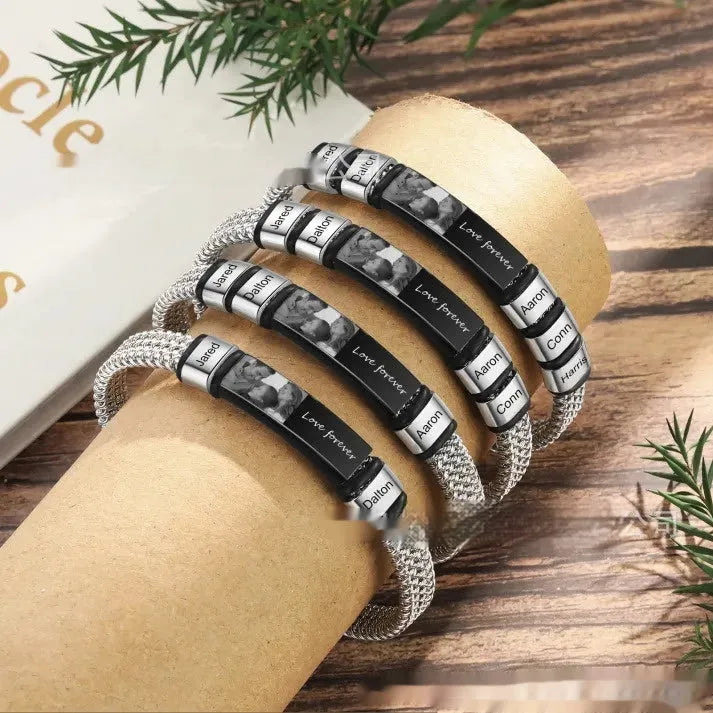 Men's stainless steel bracelet with leather rope and selectable lettering beads from one to six beads