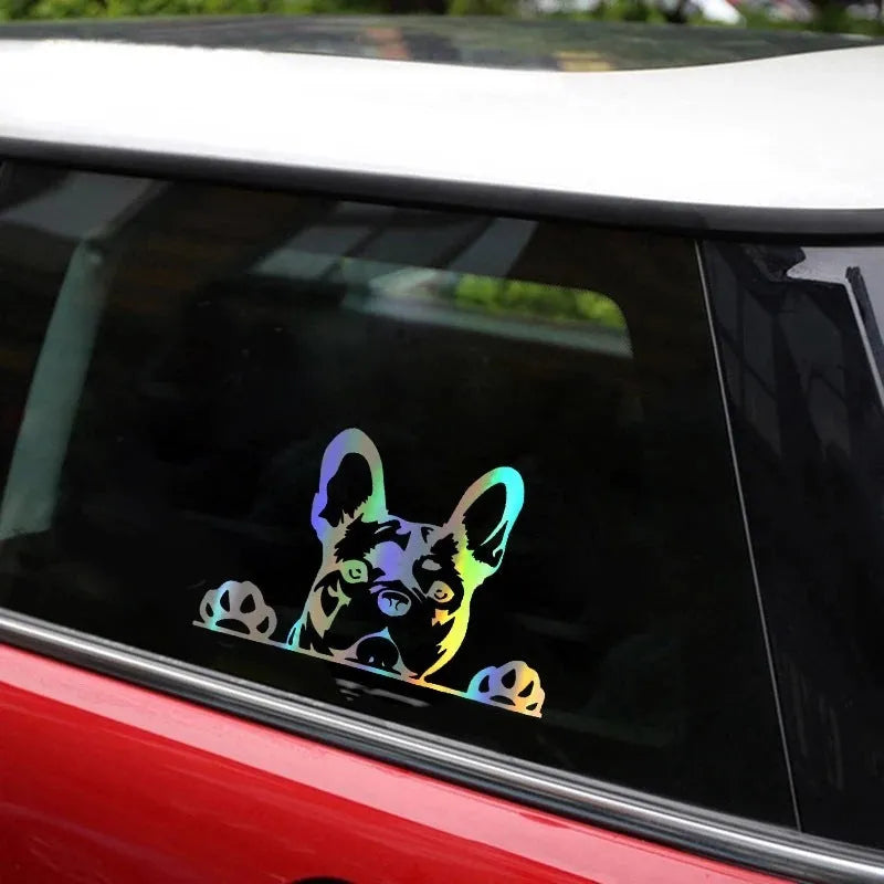 Two reflective dog pattern car stickers in black white and colourful, 15.6x10.4 cm, for rear window scratch cover