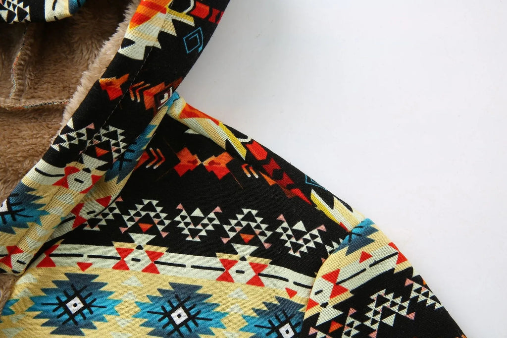 Printed hooded warm plush long sleeve coat in black, loose fit, front view