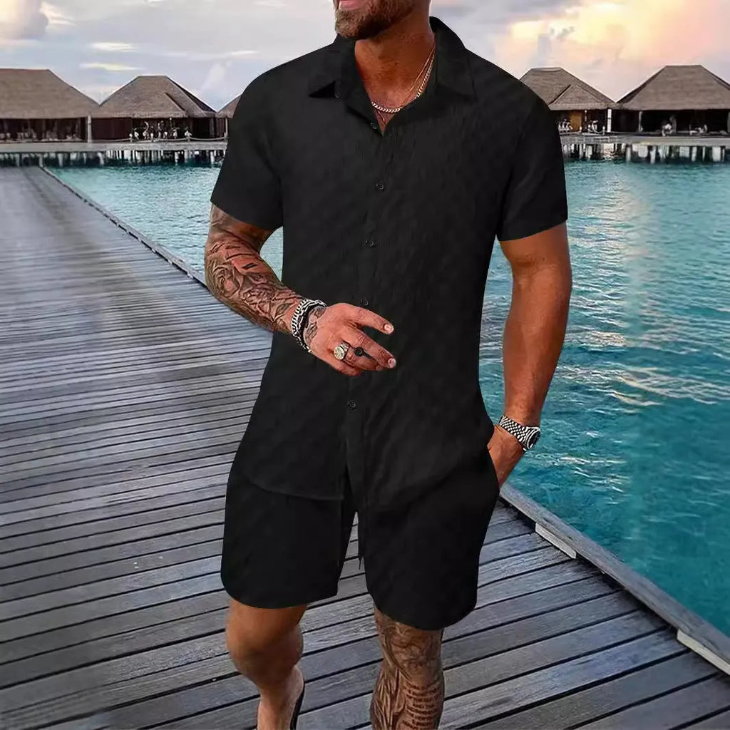 Men's chemical fibre shirt casual suit with short sleeve top and shorts in beige colour