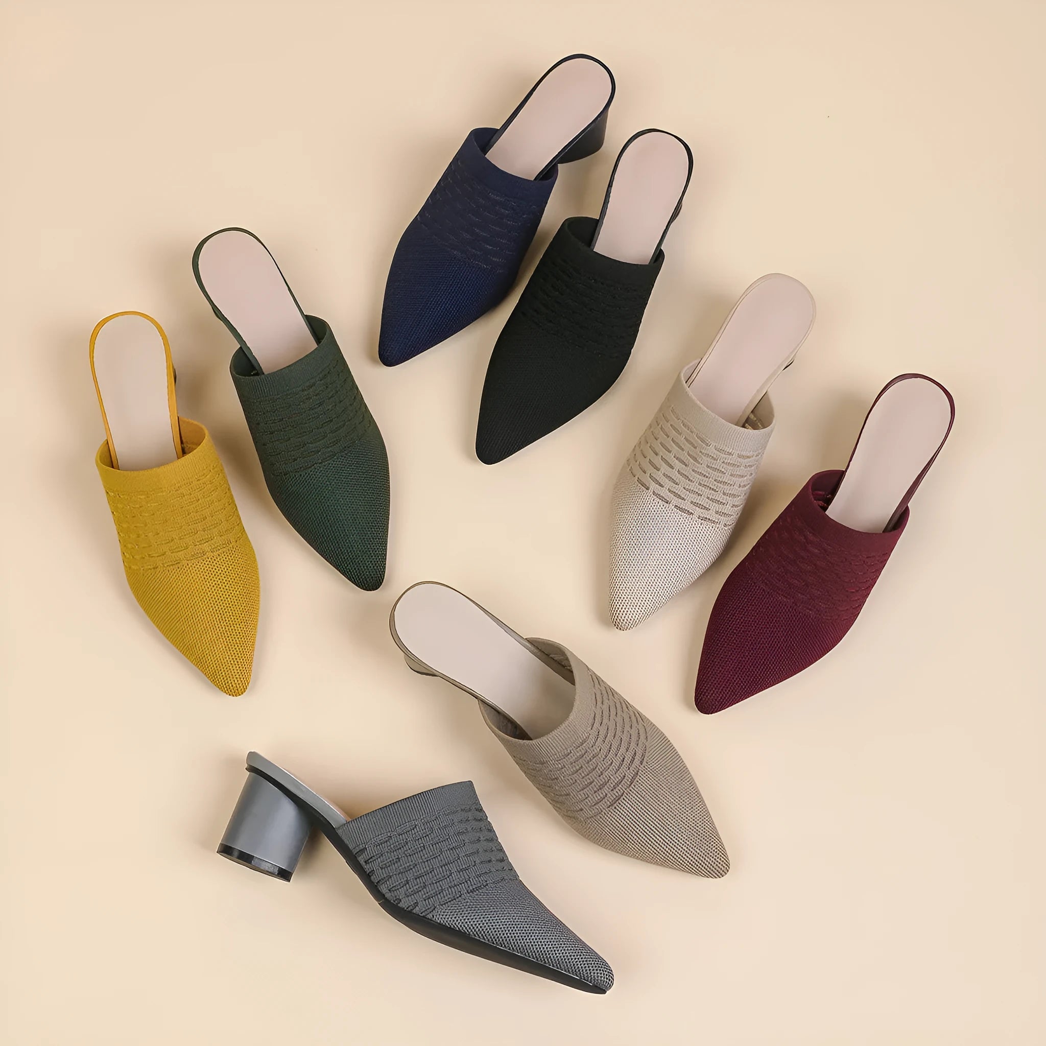Women's pointed toe cap sandals with a 5cm chunky heel in a fabric upper and rubber sole.