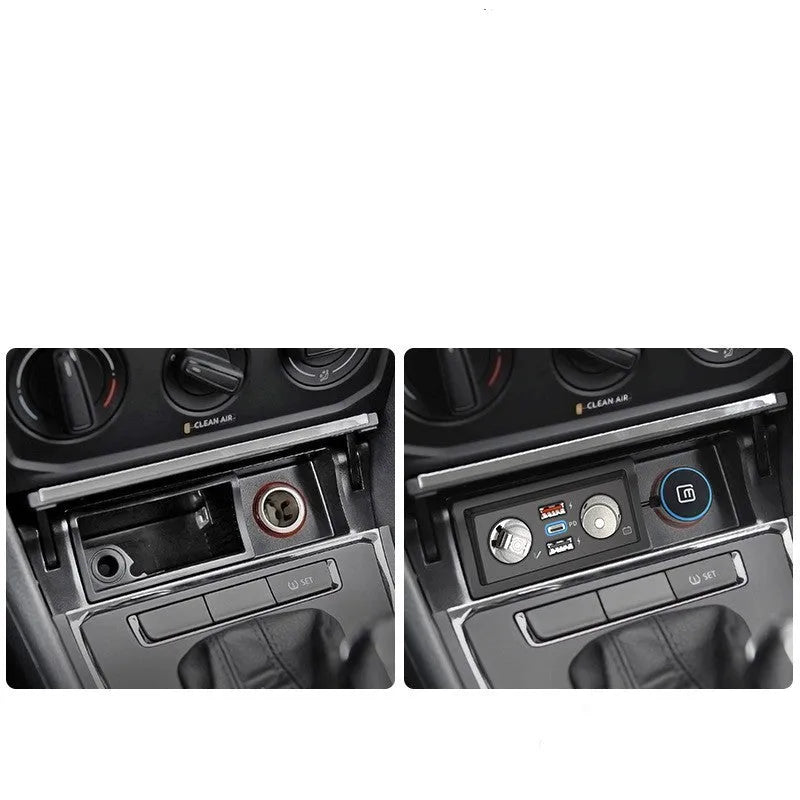 Black ABS plastic QC3.0 fast car charger for Volkswagen vehicles with Android and Apple model options.