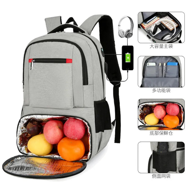 Light grey insulated Oxford cloth backpack with curved shoulder straps and pull-rod belt accessory