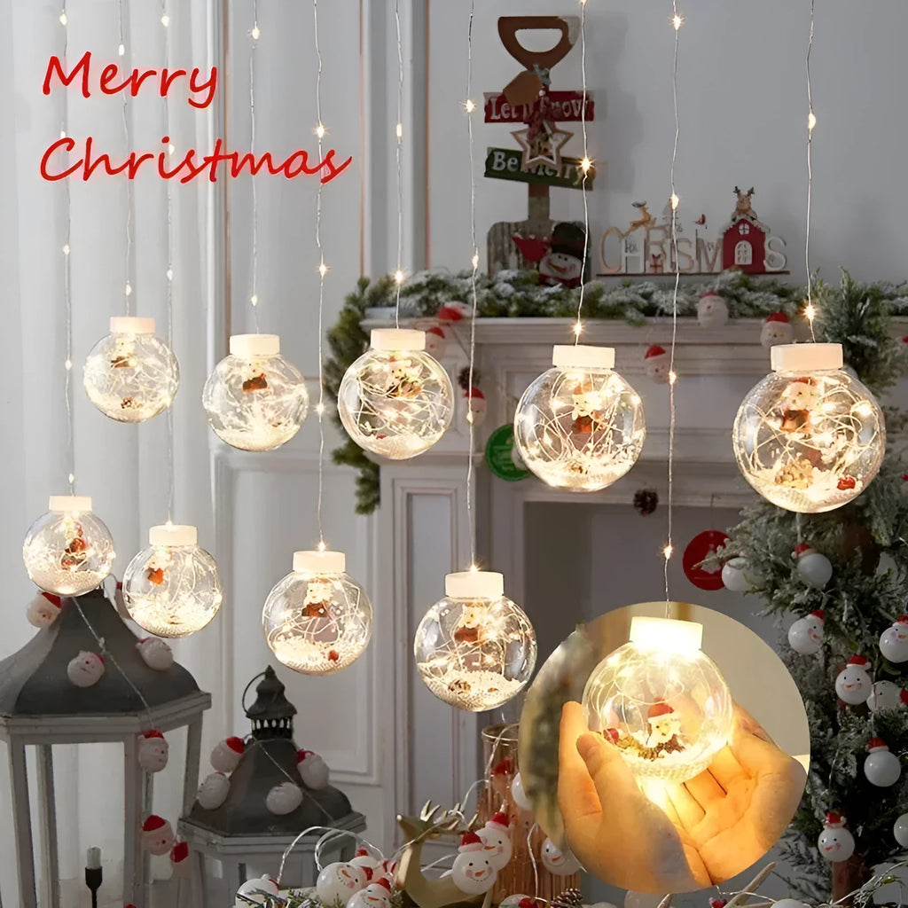 10-piece LED Christmas curtain light set with snowman, tree, and Santa ornaments for window decoration