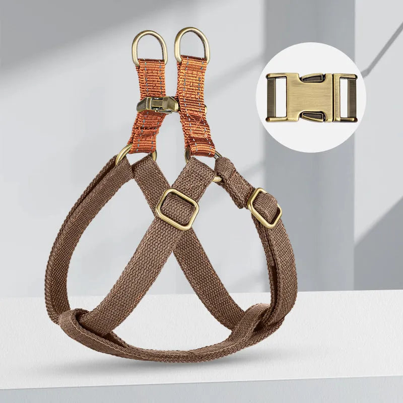 Brown vest-style dog leash harness with nylon straps and alloy buckle for small breeds