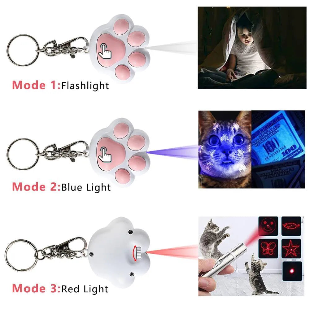 Pink and black USB rechargeable infrared cat teaser toy with keychain attachment
