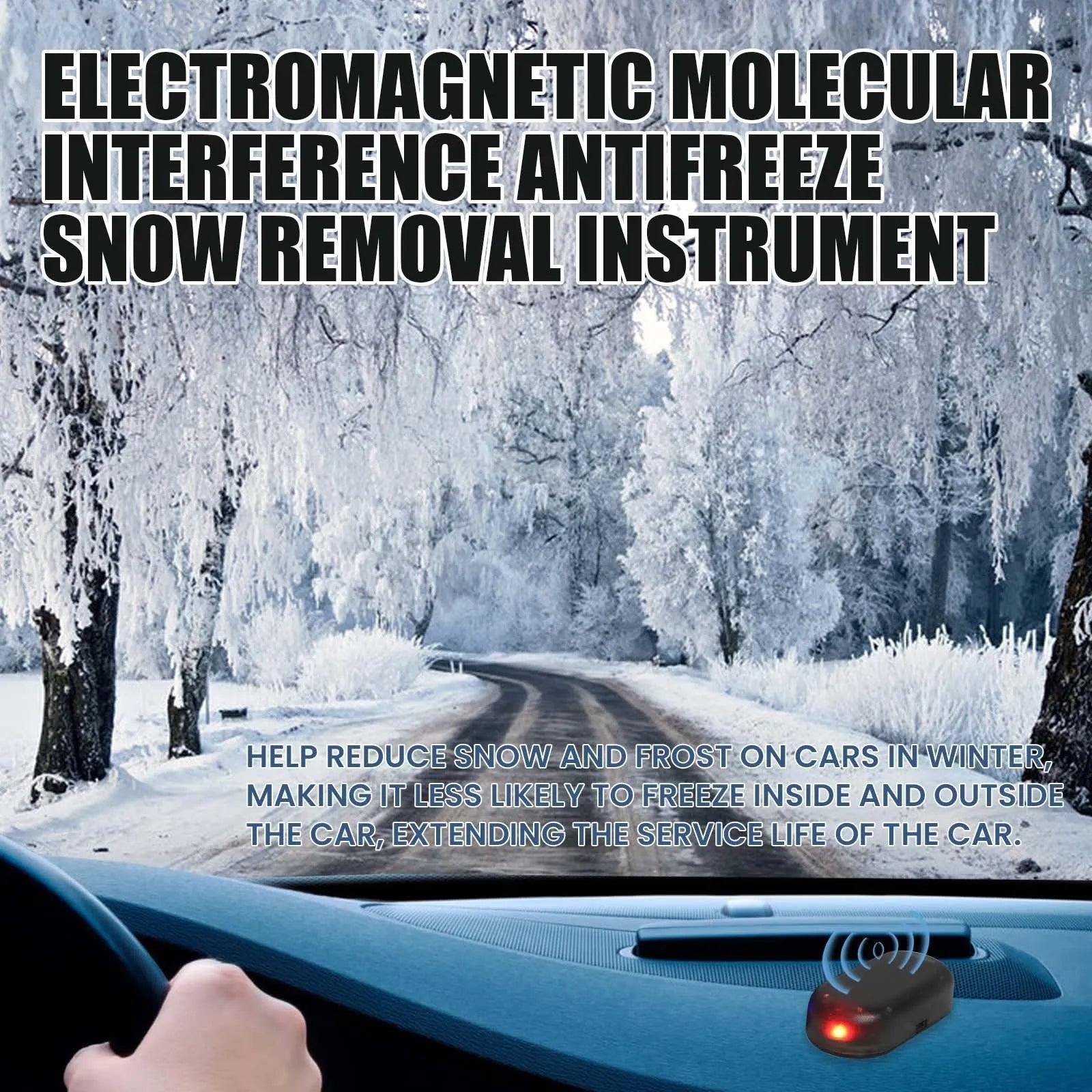 Black car snow deicer tool measuring 5cm by 2.6cm by 1.5cm on a car dashboard.