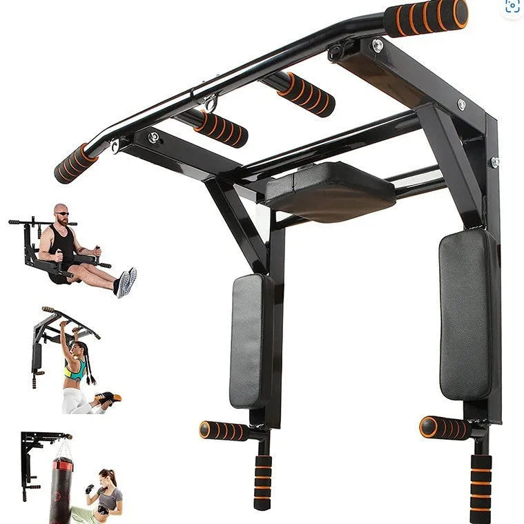 Black wall-mounted fitness rack with sandbag storage and single parallel pull-up bars