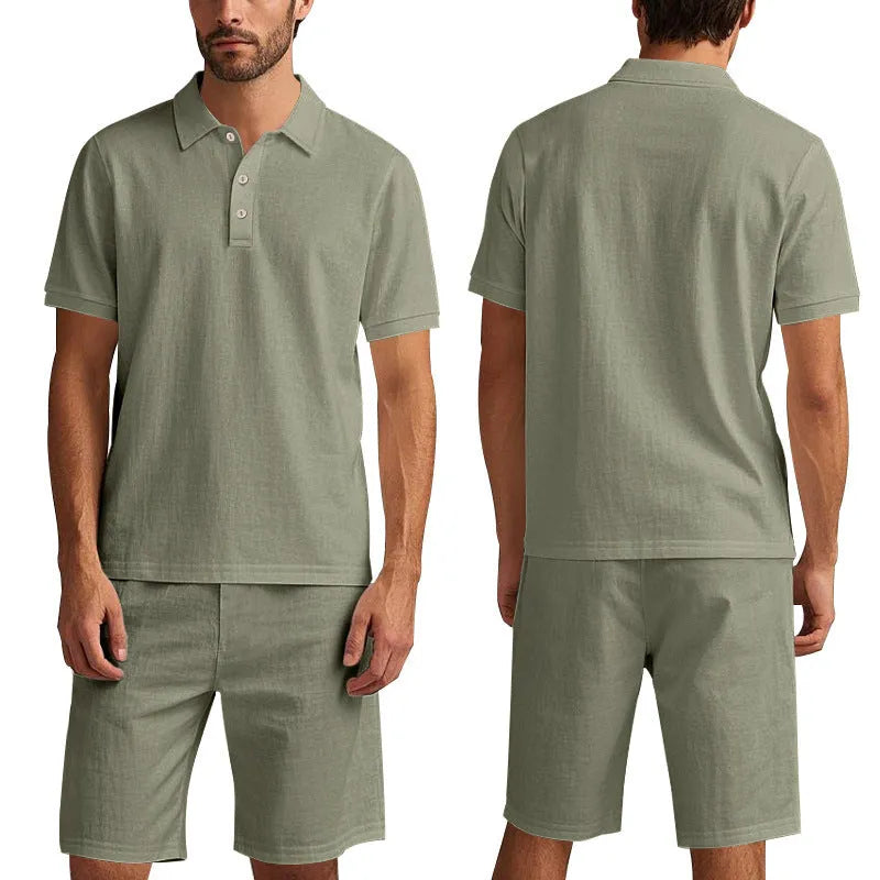 Men's light beige linen blend short sleeve top and shorts set on a hanger, summer casual outfit.