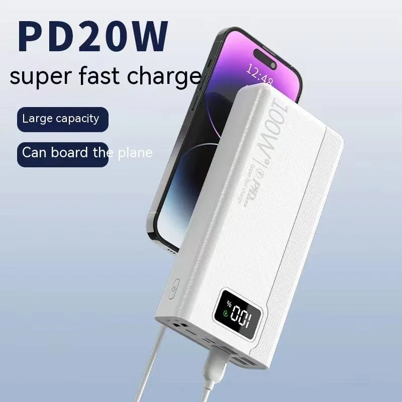 Large black and white plastic power bank showing front view with capacity options from 20000mAh to 50000mAh.