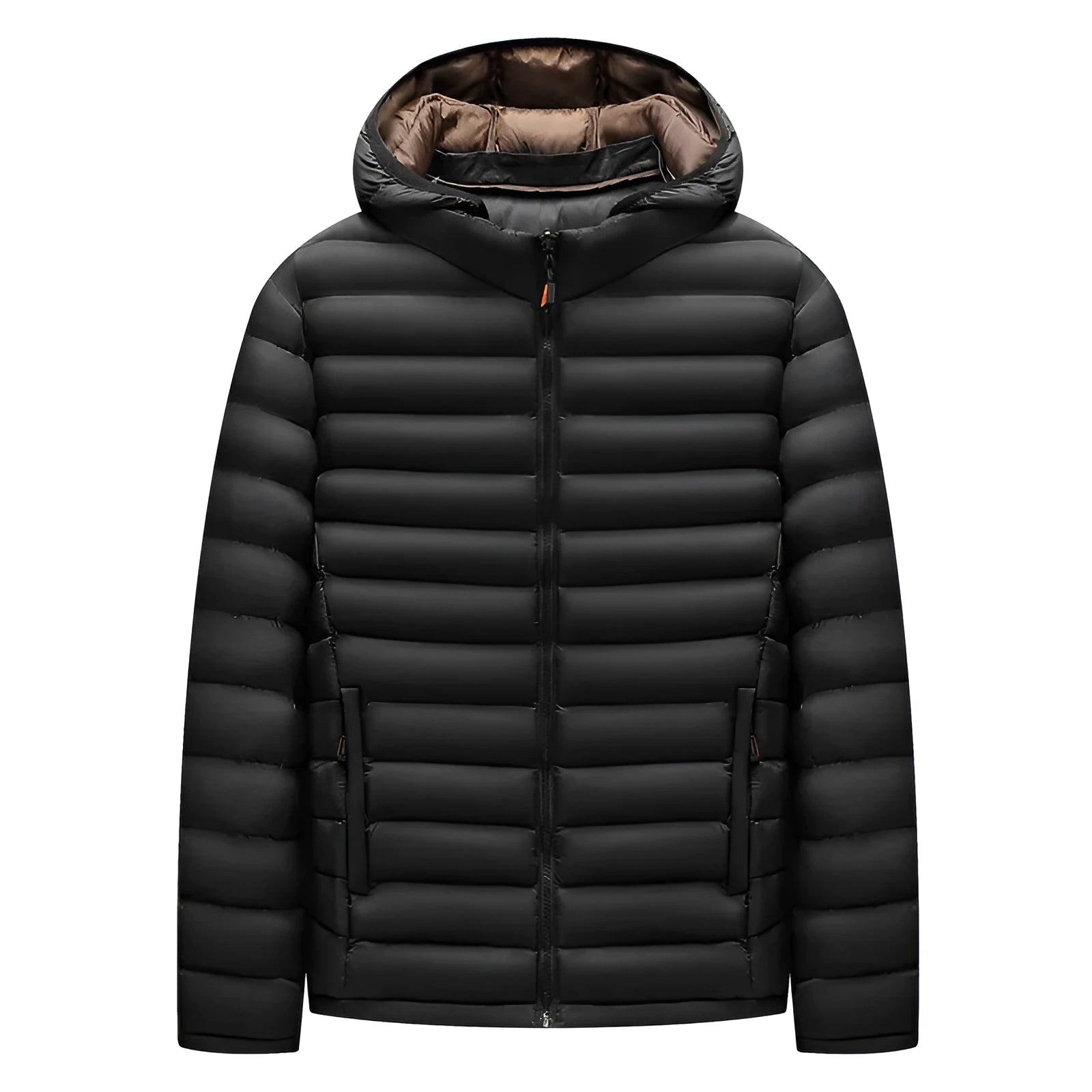Men's lightweight hooded down jacket in army green with detachable collar and zipper pockets