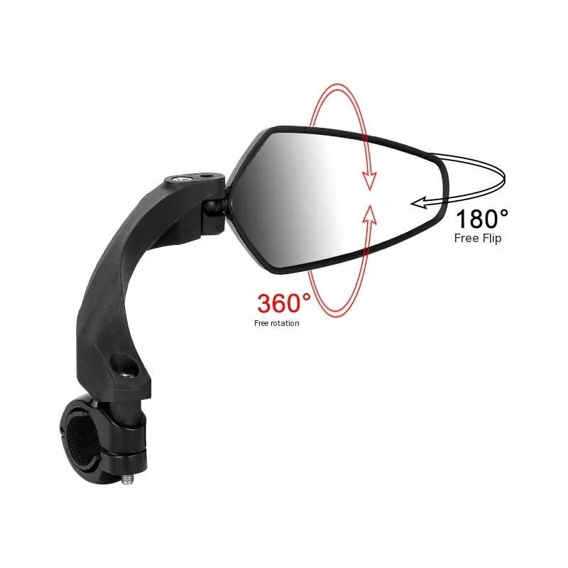 Black rotatable mountain bike rearview mirror measuring 210x102.5mm with PMMA acrylic construction