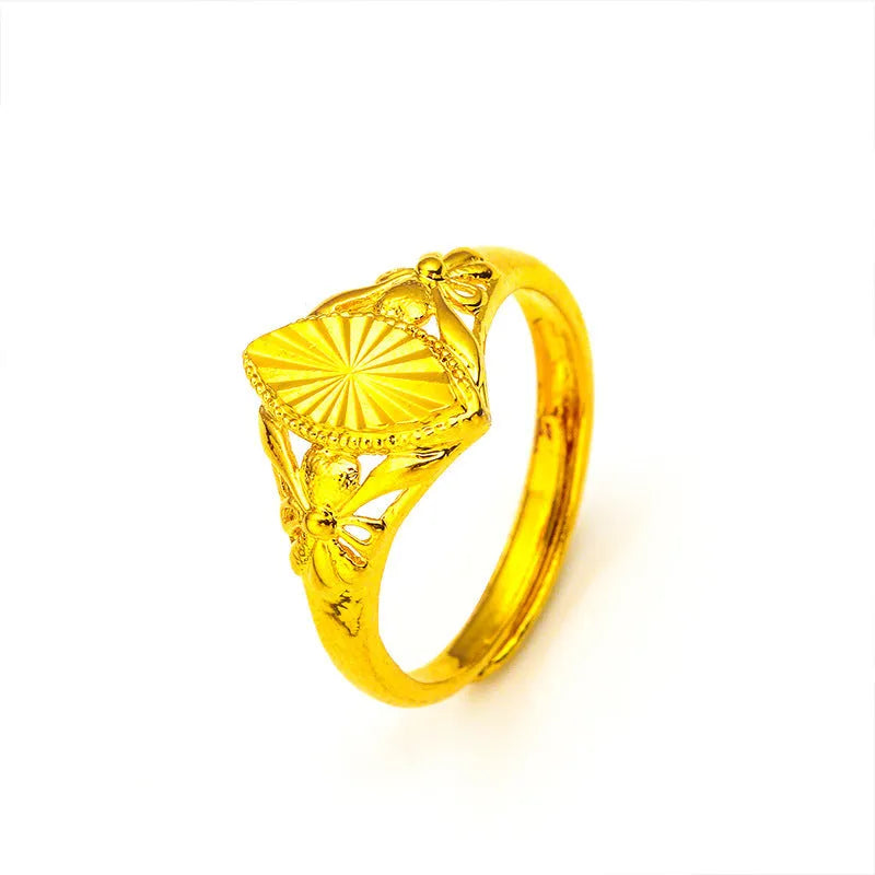 Gold electroplated brass open diamond flower ring with geometric texture