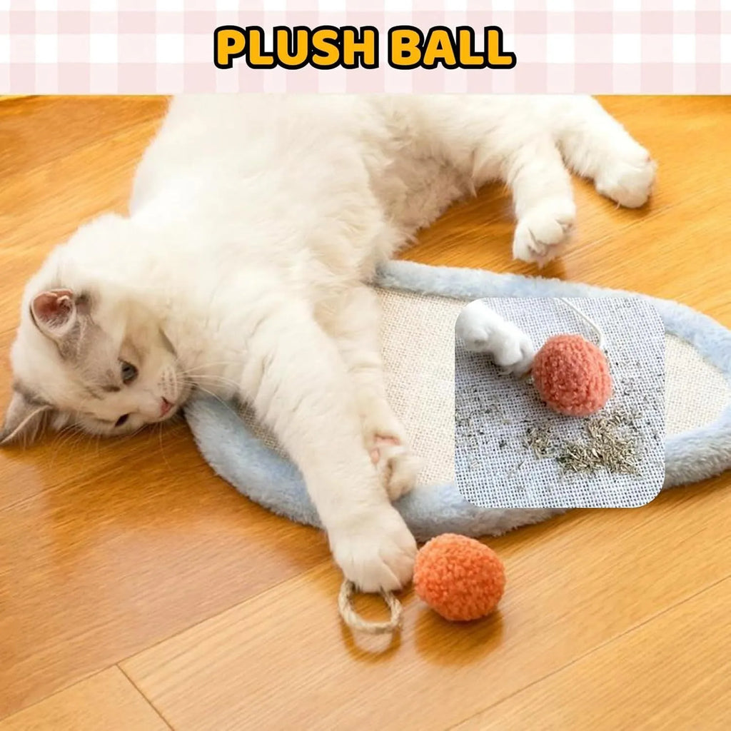 White wall mounted cat scratching mat with cartoon cat design made from natural sisal fabric