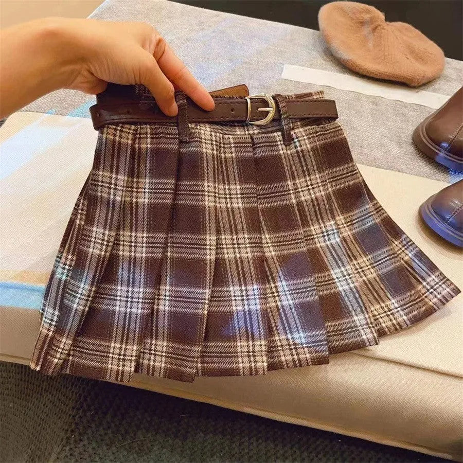 Girls' plaid pleated cotton skirt in A-line style with multiple size options