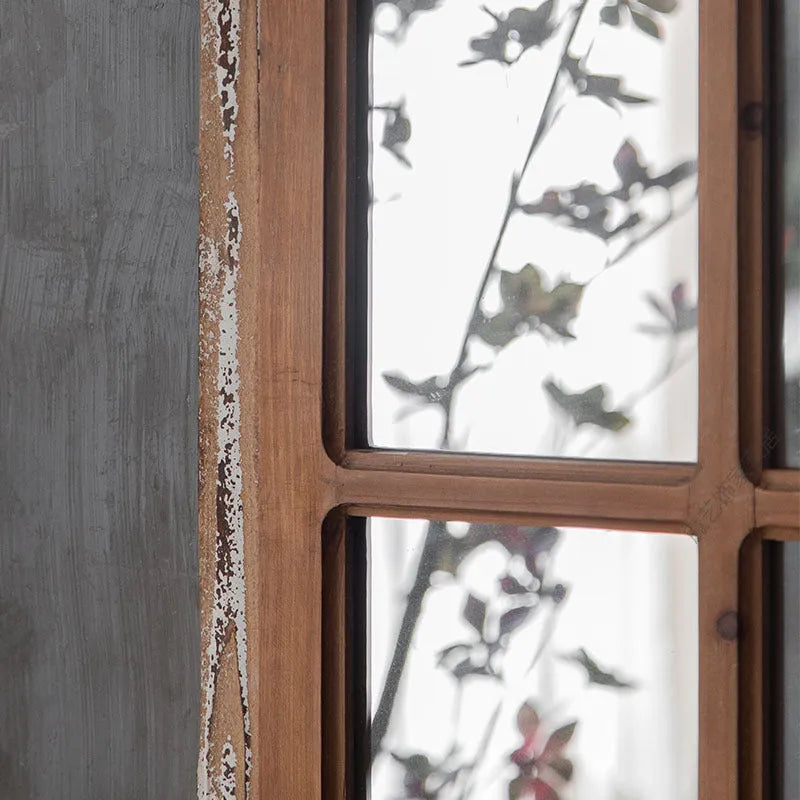 Distressed log-coloured wooden frame fake window wall mirror with single glass pane.