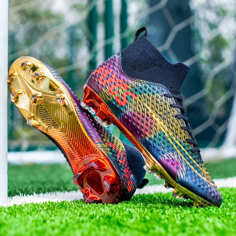 Men's outdoor training gold-plated high-top soccer shoes in green with synthetic leather upper and rubber sole