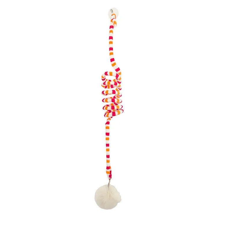 Hanging cat toy with suction cup, spring-mounted bell stick, and inflatable ball in multiple colour options