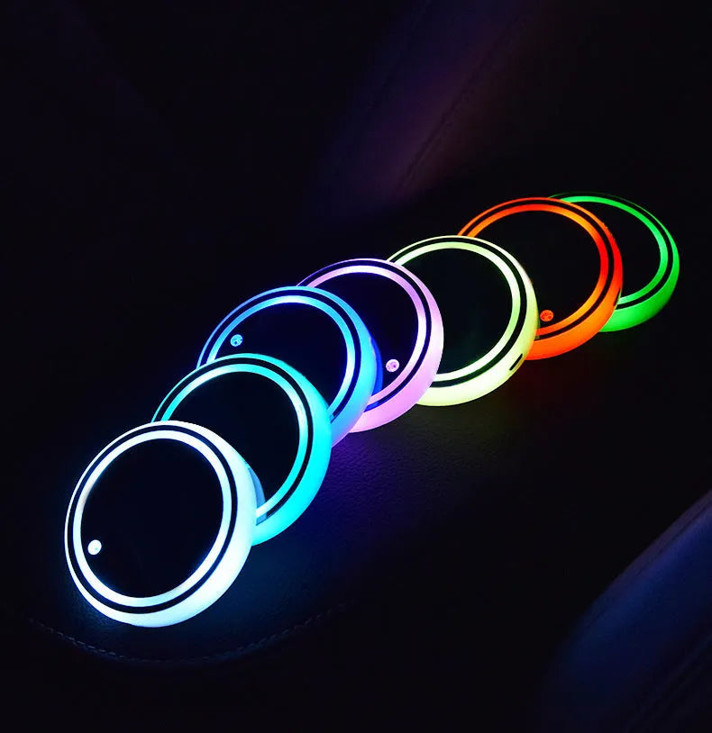 Colourful LED light-up cup coaster for car holder with USB cable and solar panel
