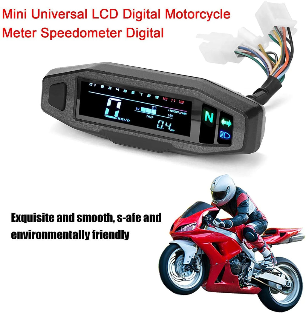 Black motorcycle mini speedometer with LCD display showing speed, mileage, revs, and fuel gauge.