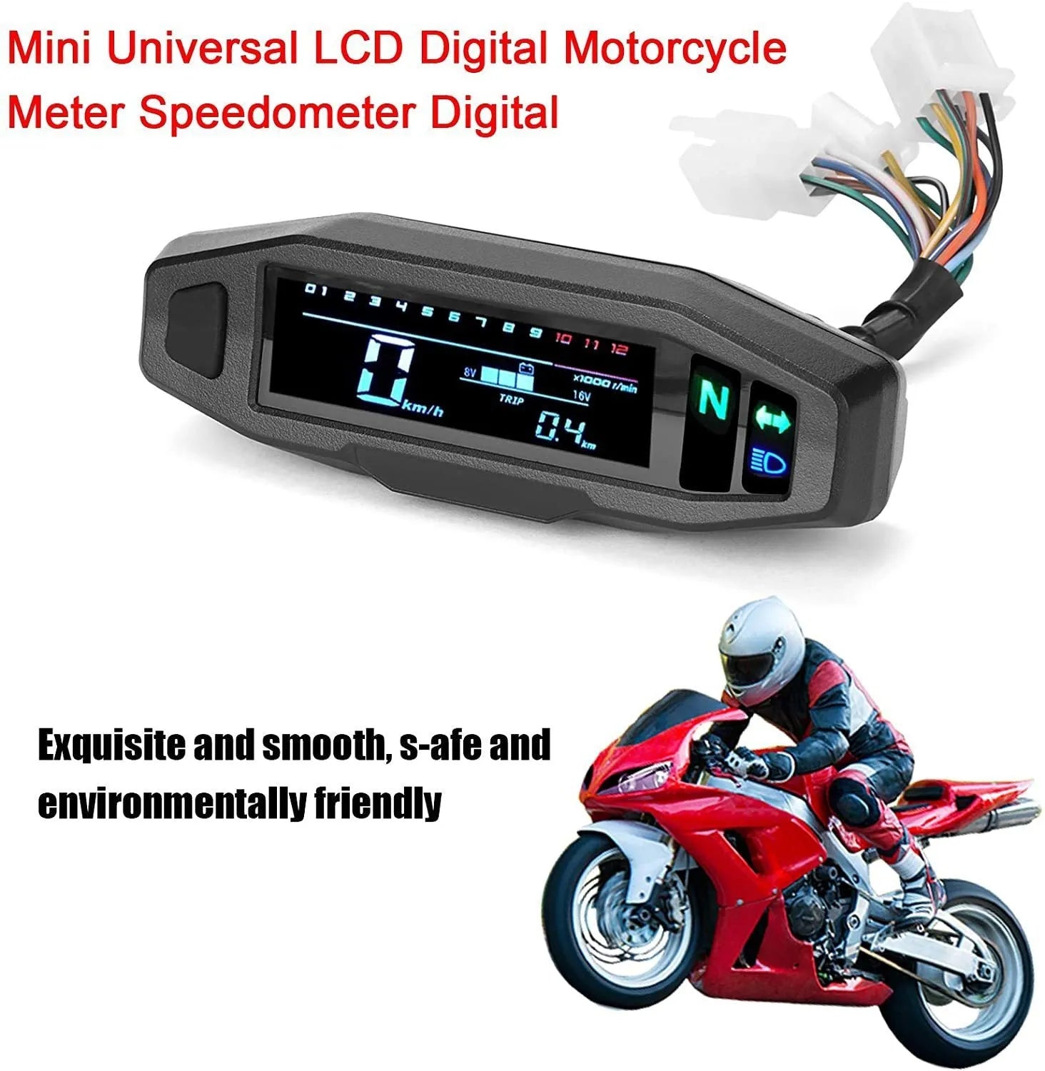 Black motorcycle mini speedometer with LCD display showing speed, mileage, revs, and fuel gauge.