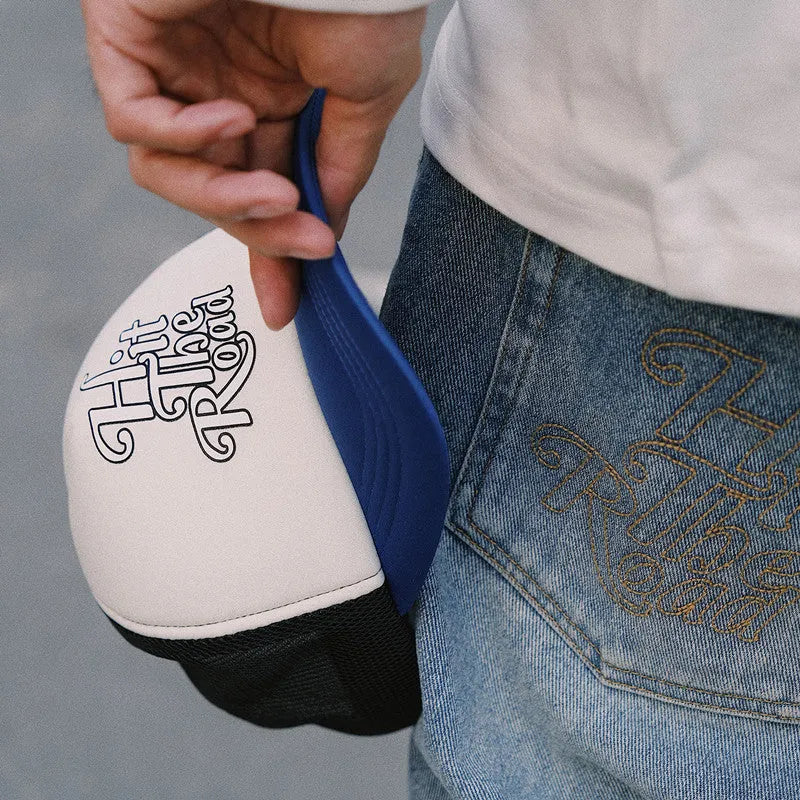 Blue and white cotton retro curved brim hat adjustable size white unisex