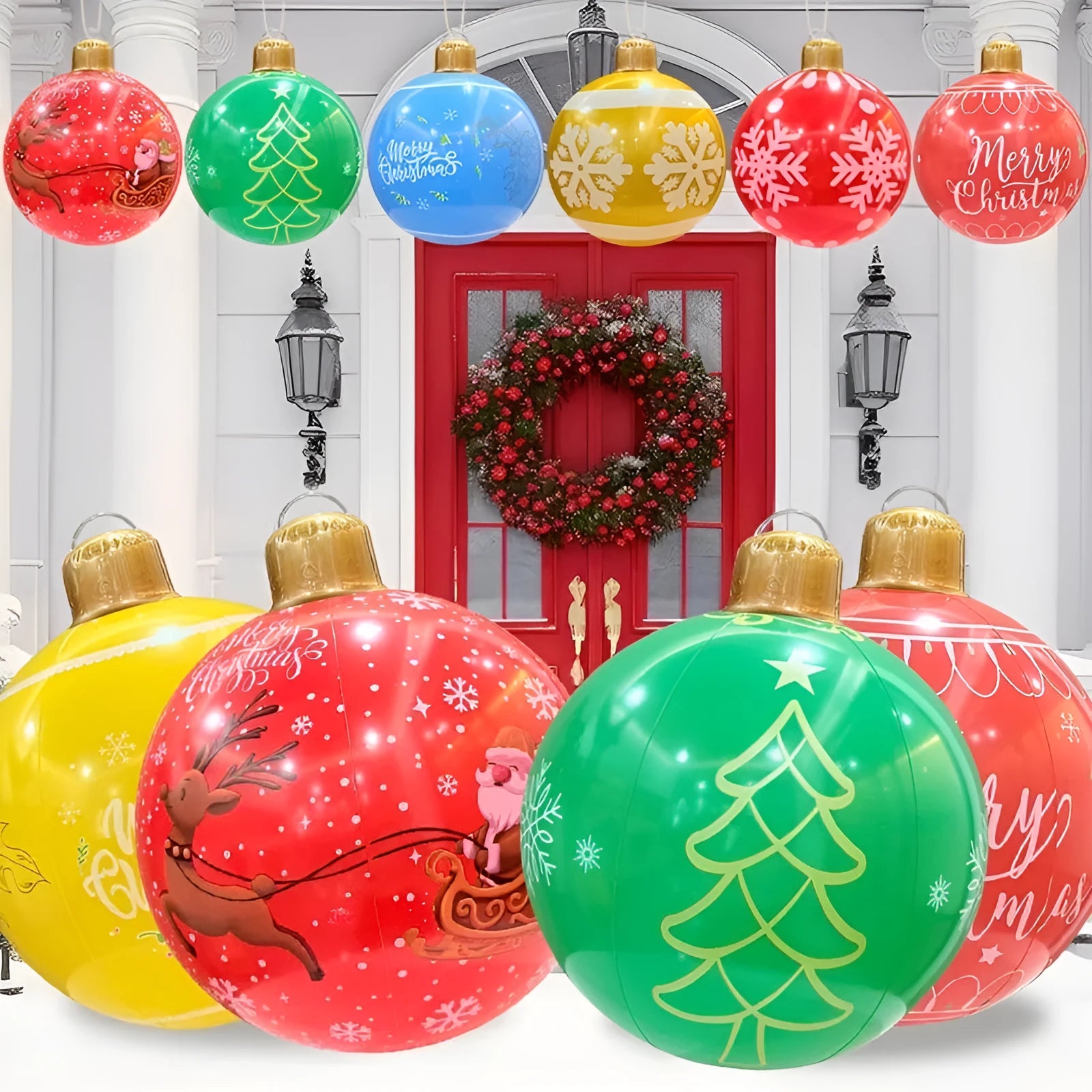 Large red and white inflatable Christmas ball with flashing lights in a garden setting.