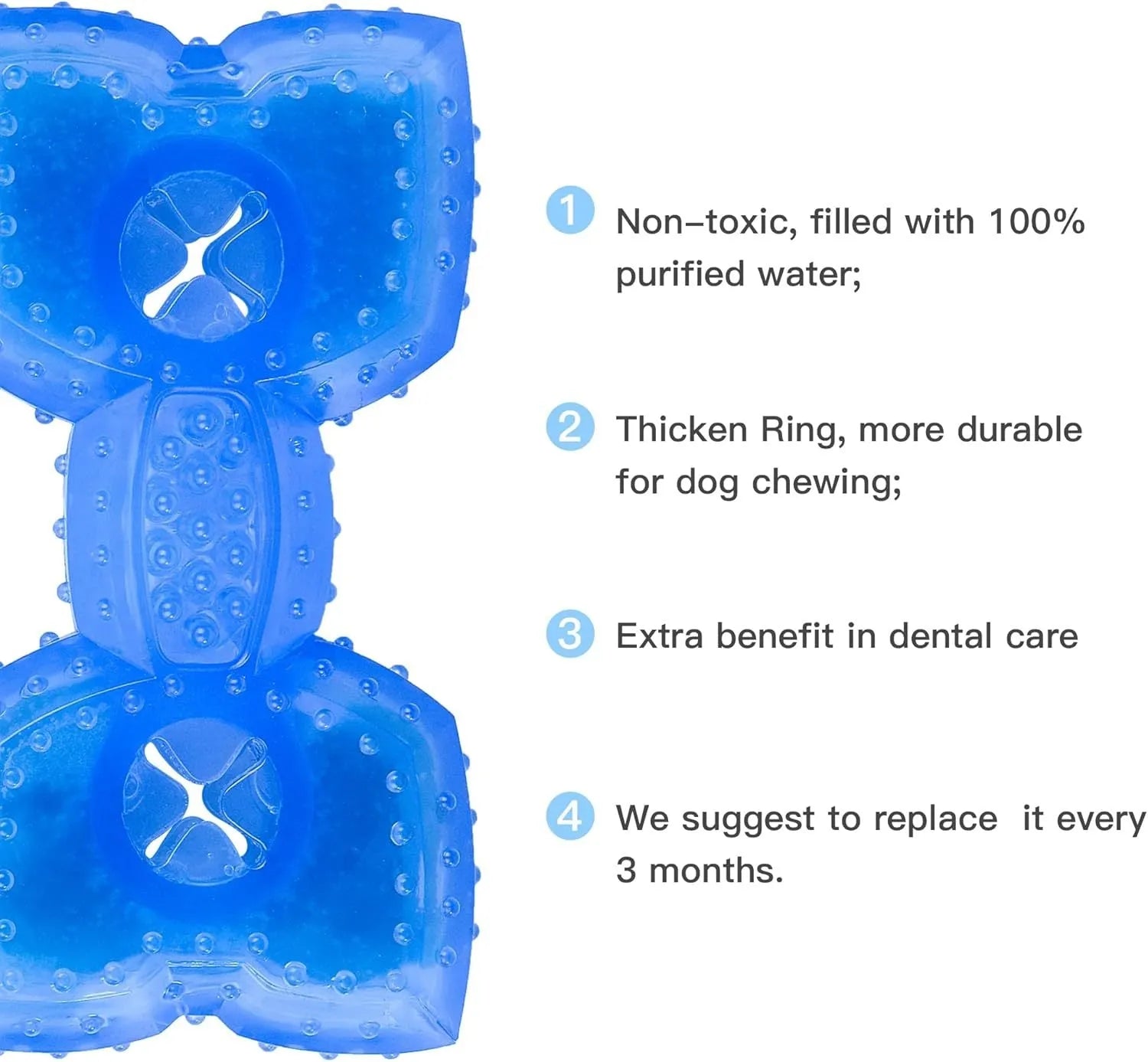 Freezable bone-shaped and circle-shaped dog cooling chew toys with treat pockets.
