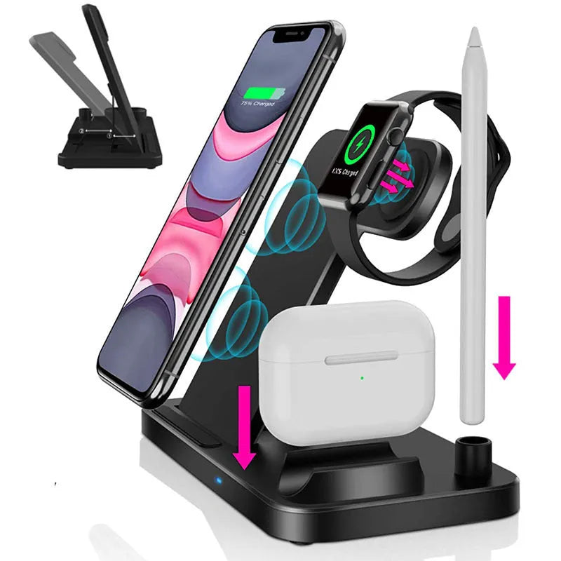 Black folding 4-in-1 wireless charger showing vertical stand mode charging an iPhone, with an Apple Pencil on its charging spot.