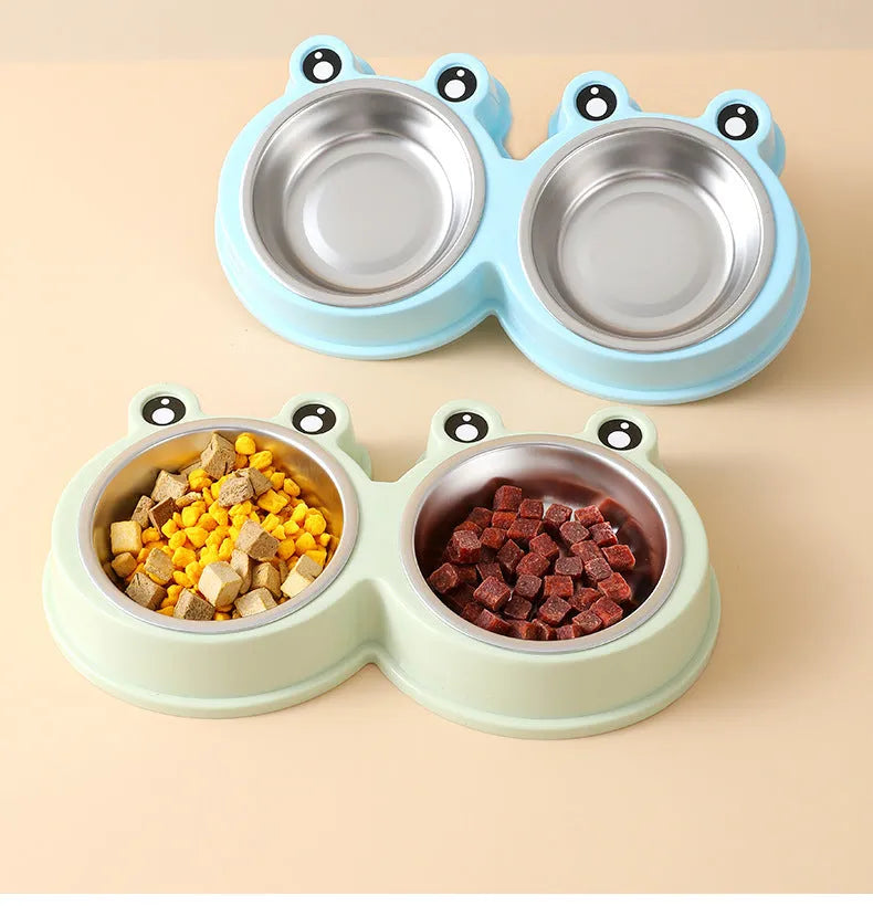 Frog-shaped double pet bowl with stainless steel interior for food and water, in blue