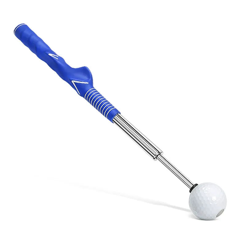 Telescopic golf swing trainer with stainless steel pole and practice net in black, blue, or red