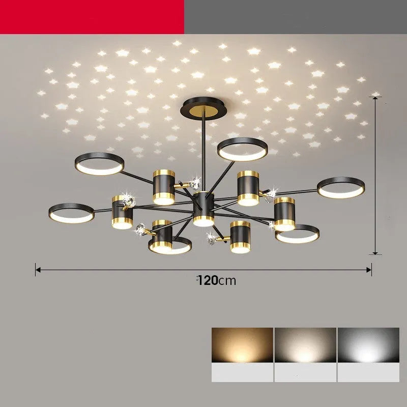 Black Nordic-style star-shaped iron pendant light chandelier with 13 lights hanging from a ceiling.
