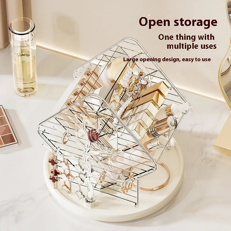 Clear and amber gold rotating plastic cosmetics storage box on a vanity