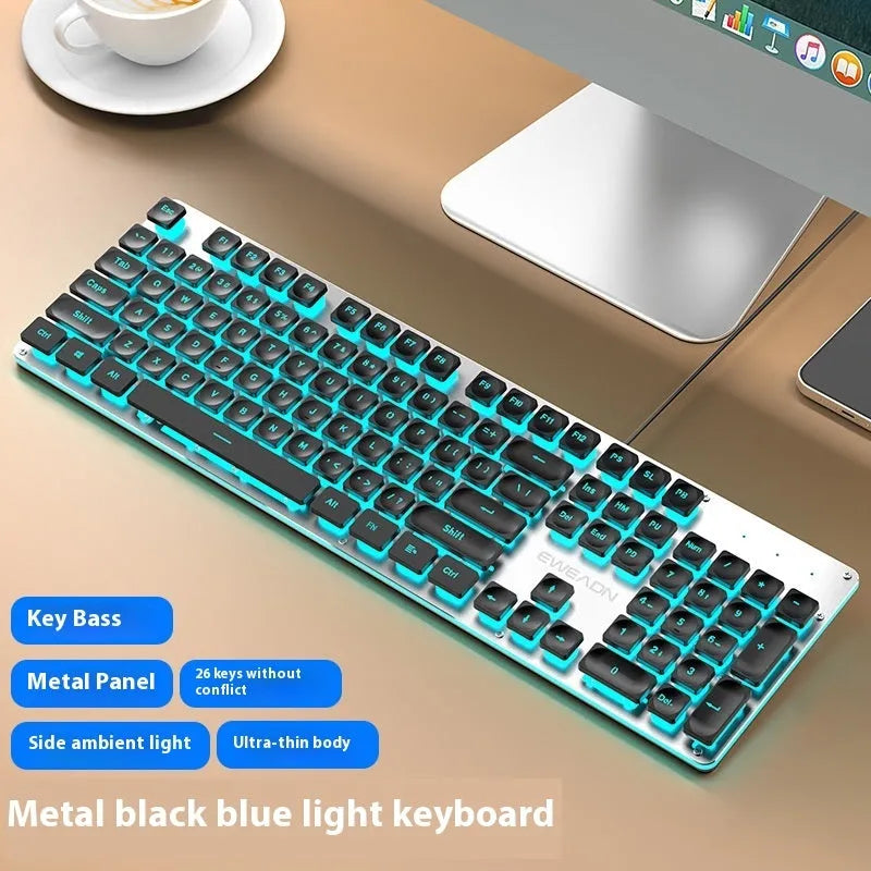 Mute mechanical keyboard with LED lighting and matching wired mouse in silver white blue colour combination