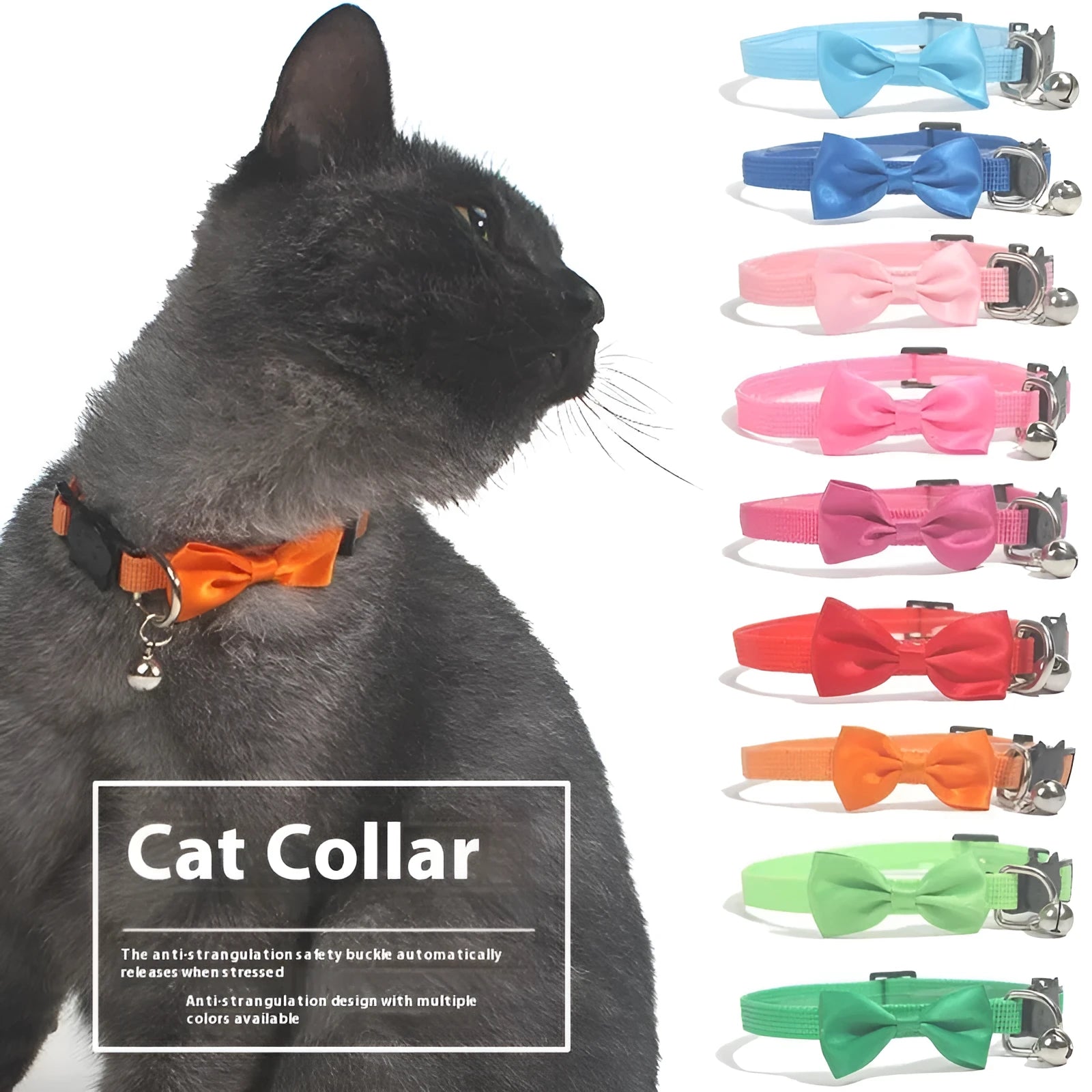 Striped adjustable nylon cat collar with bell in multiple bright colour options