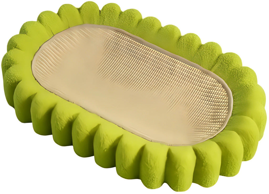 Green oval cat scratcher bed with sisal scratching surface measuring 65x42cm