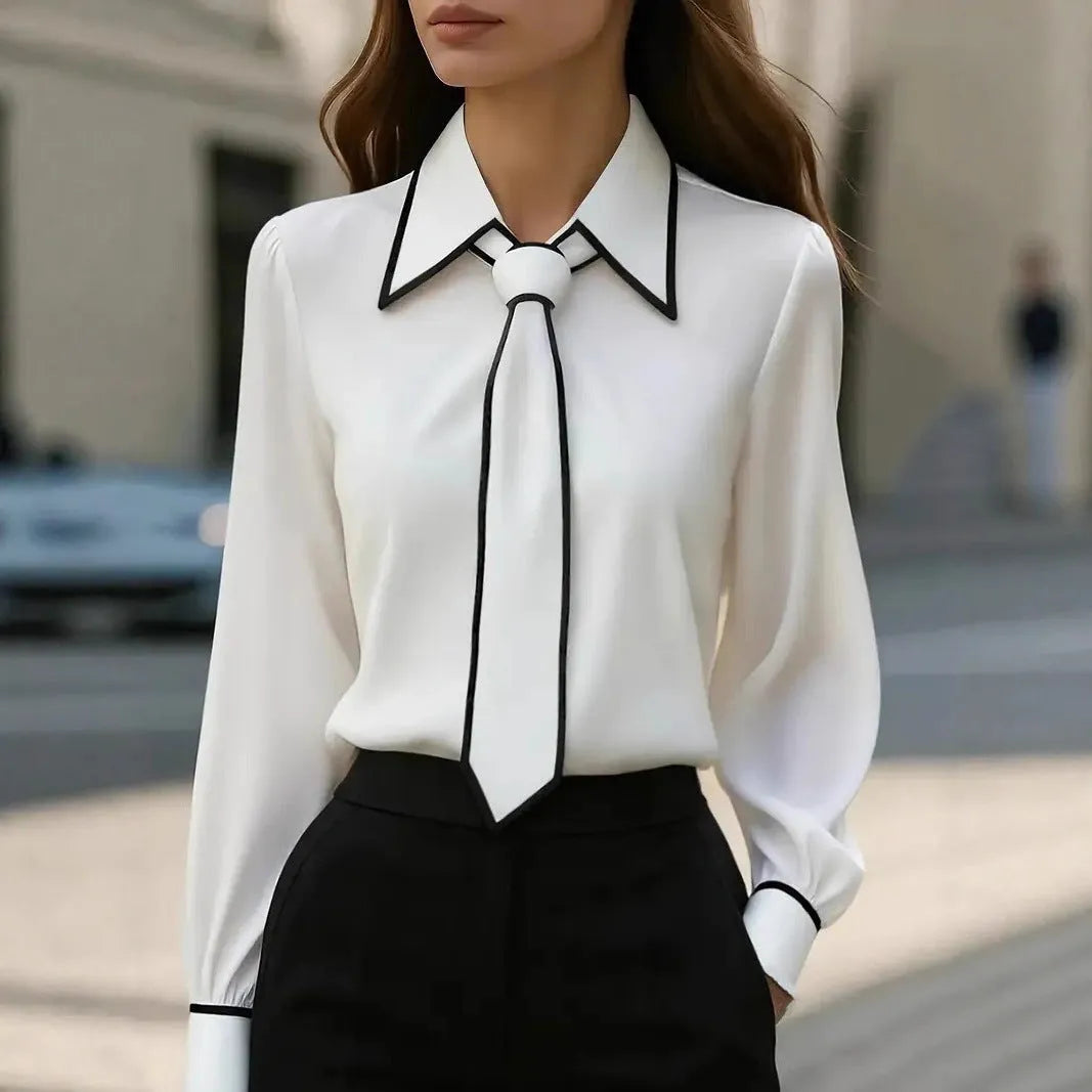 Women's solid colour satin polyester tie front long sleeve pullover shirt in khaki, front view