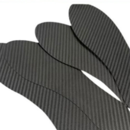 Black 3K carbon fibre full palm running insoles showing thickness options for shock absorption