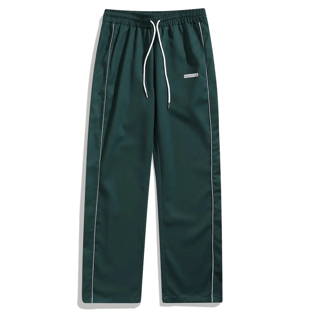 Men's loose fit polyester cargo trousers with side pockets in black, navy blue, and dark green