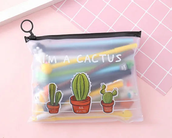 Marvel-themed 20 black gel pens with cartoon cactus designs in plastic storage case