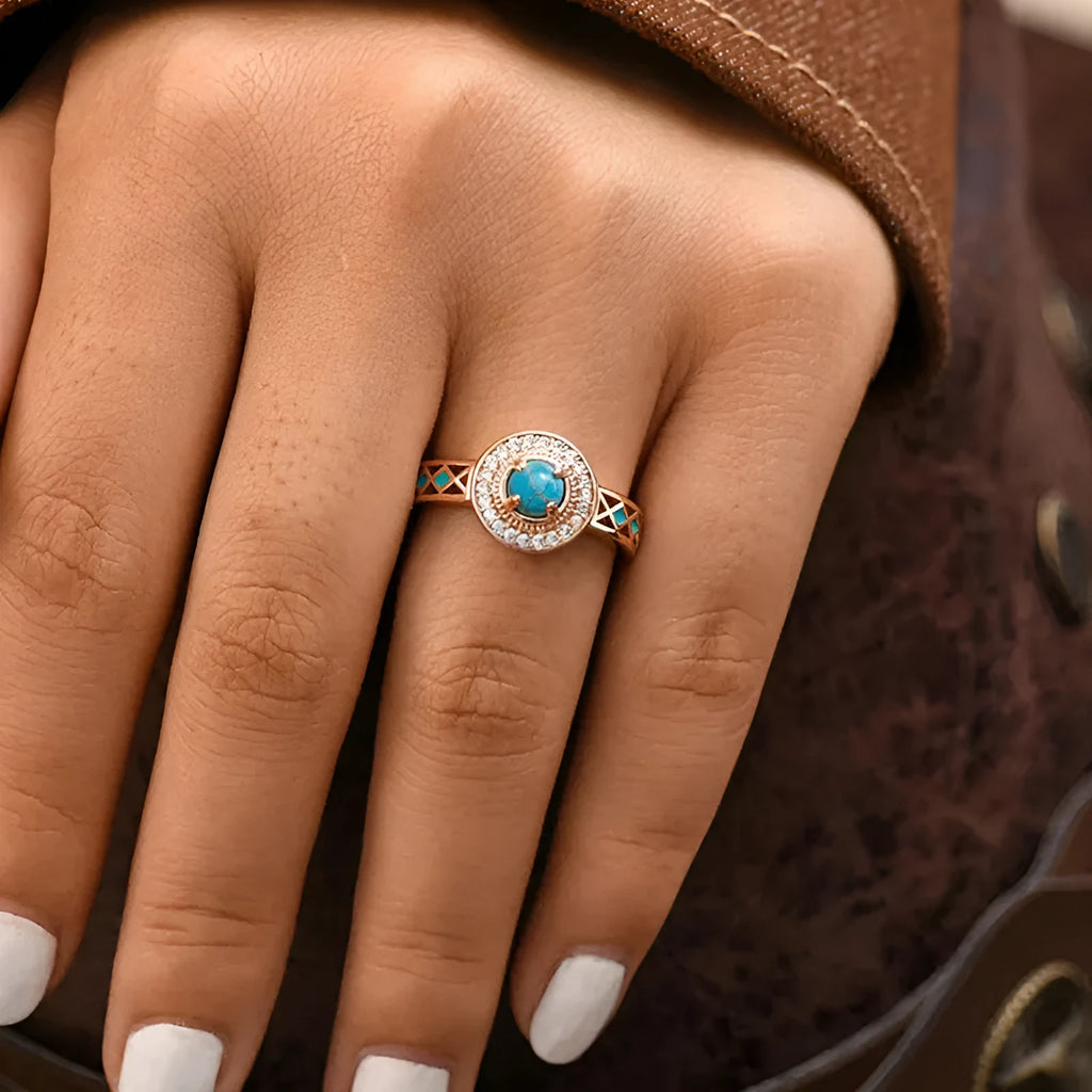 Women's turquoise ethnic style ring with geometric quadrangle design in rose gold on copper