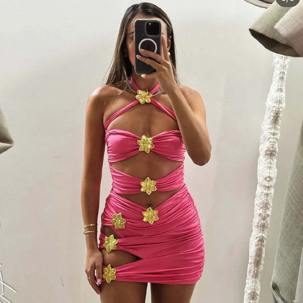 Women's solid colour one-piece swimsuit with hollow-out tube top and detachable matching skirt