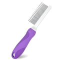 Purple pet grooming comb with stainless steel teeth on ergonomic handle