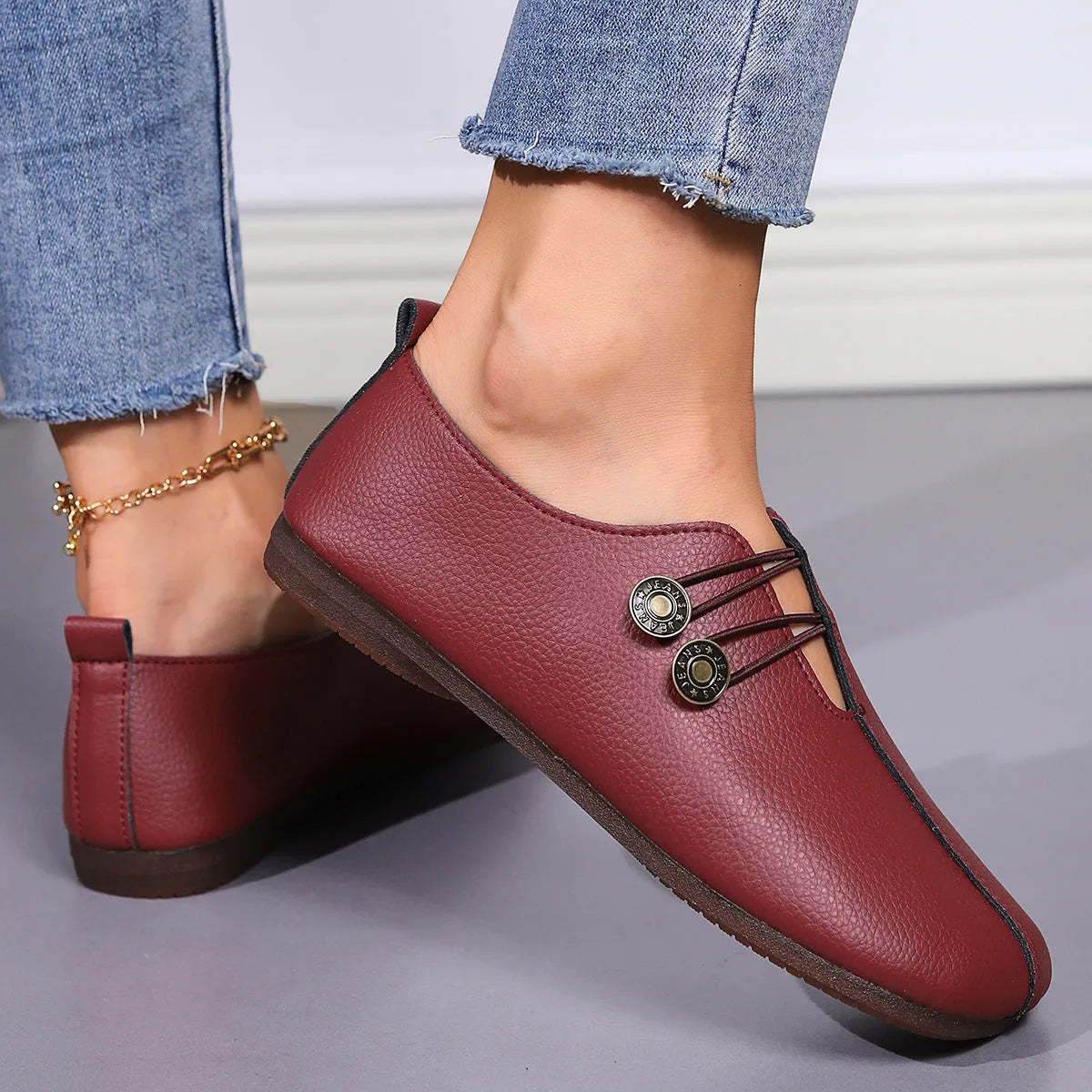 Women's casual square toe slip-on button loafers in artificial PU with TPR sole