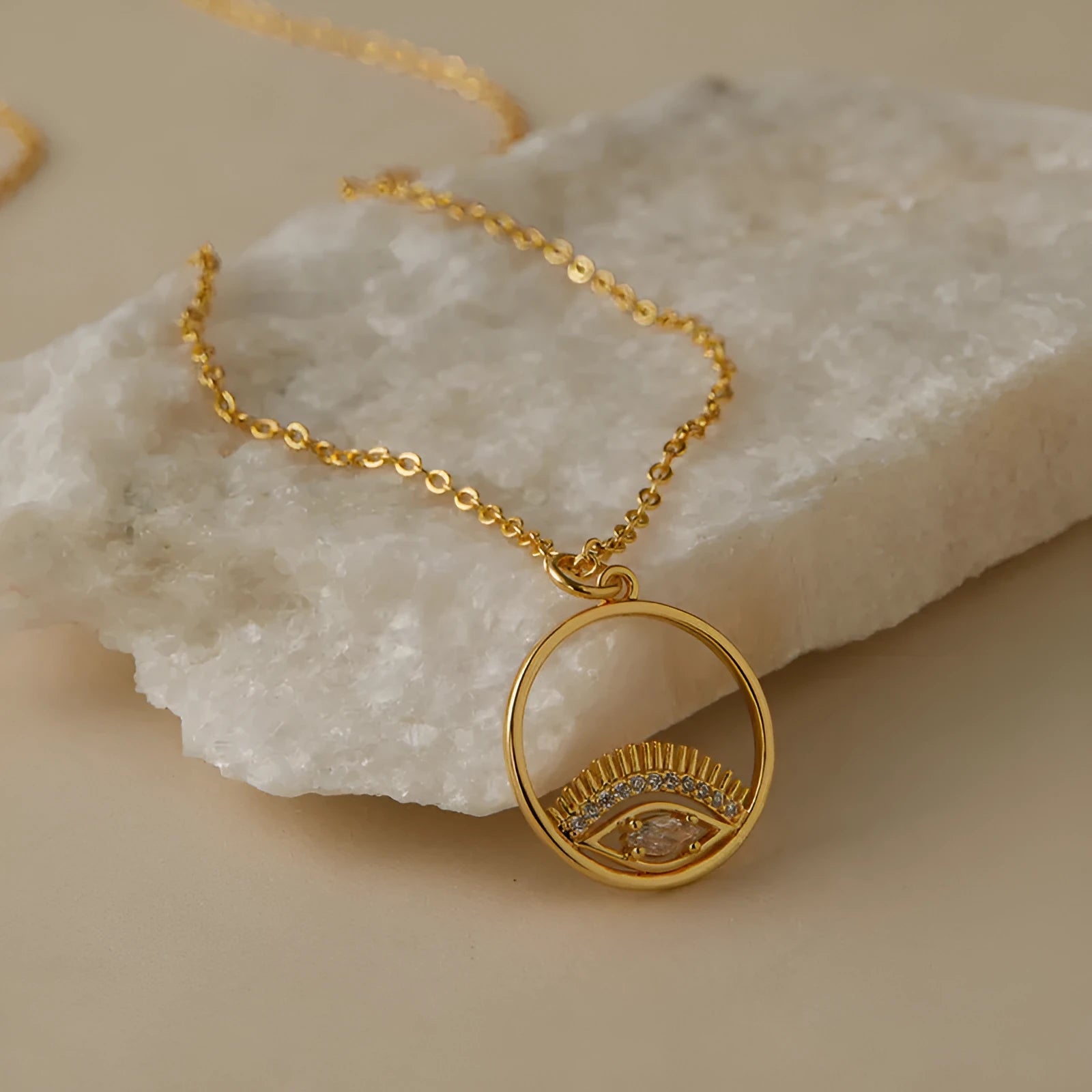 Fashion OL classic high-end versatile necklace, 18K gold-plated copper O-ring chain with geometric round pendant, 41-50cm adjustable length