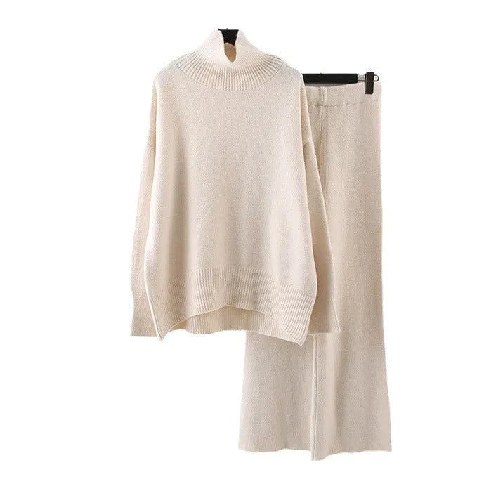 Women's beige acrylic fibre sweater and wide-leg trousers two-piece casual set.