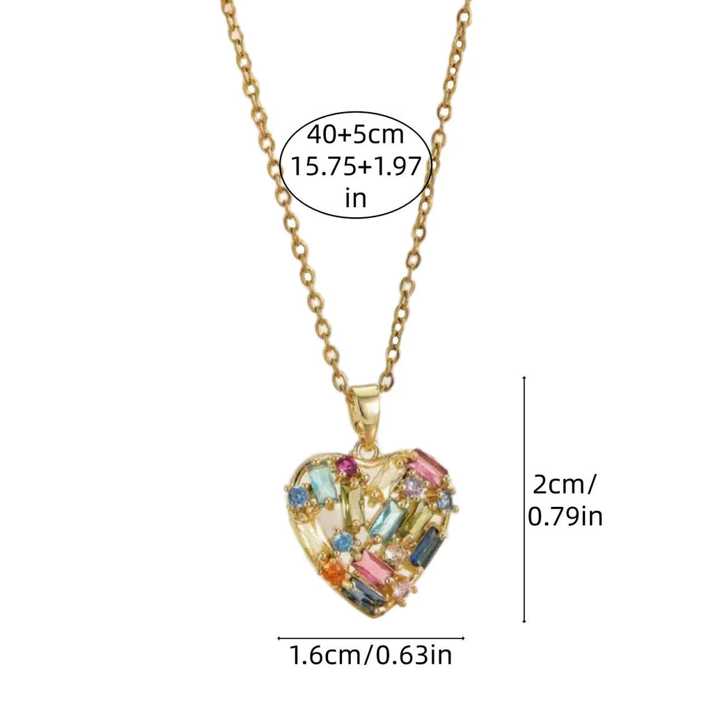 Heart-shaped copper pendant necklace with zircon, gold blue finish, O-ring chain, women's jewellery