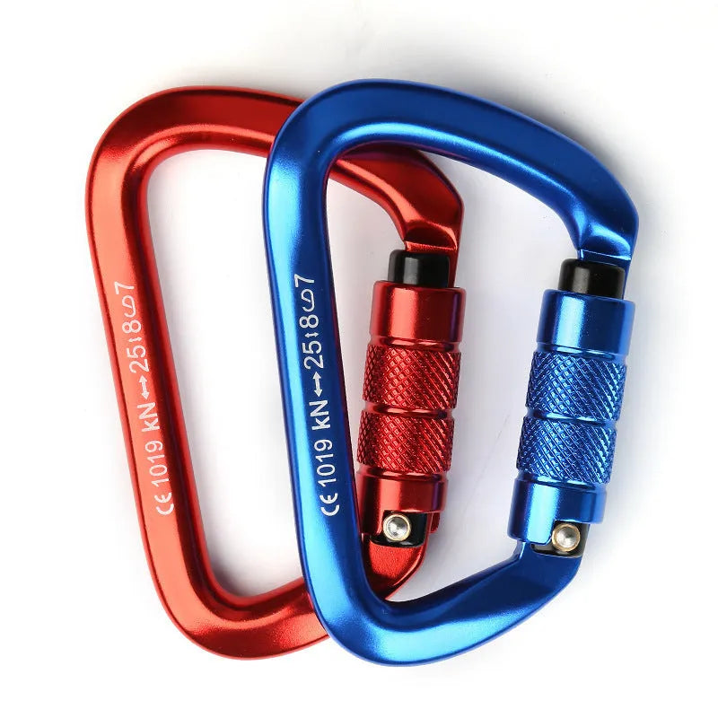 D-shaped locking climbing carabiner main lock in silver red colour with automatic gate closure.