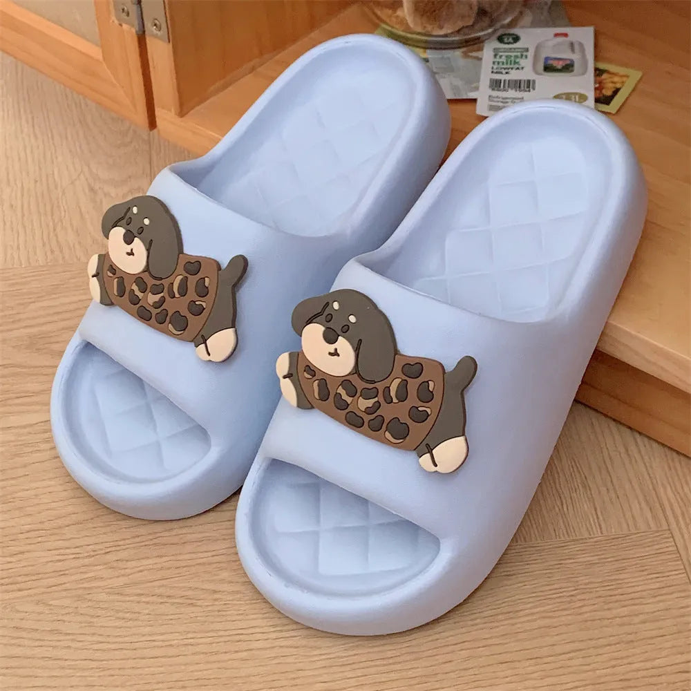 Pair of EVA flip flop sandals for couples in leopard puppy print, showing thickened sole.